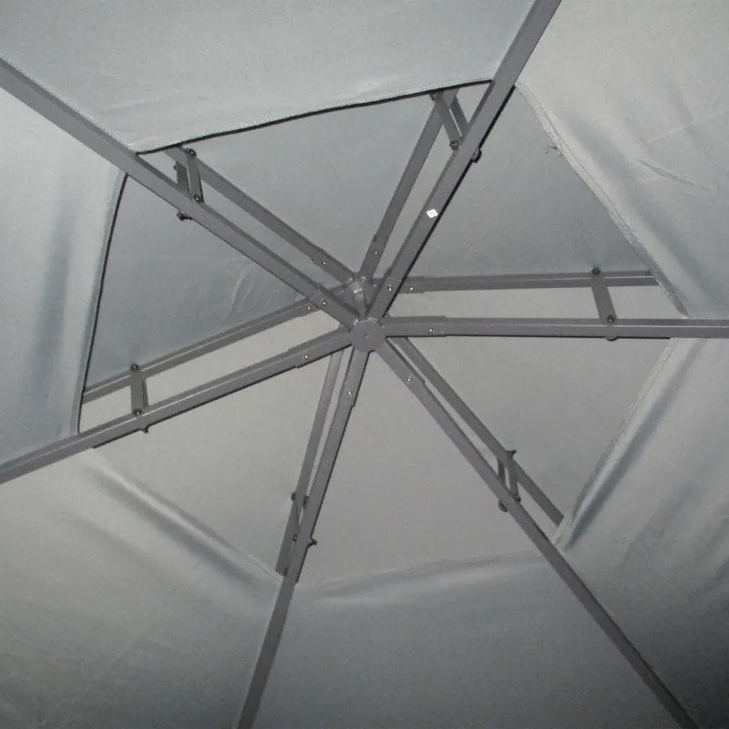 13' Hexagonal Gazebo Canopy Shelter, Tiered Fabric Roof, Rails, Curtains, Netting, Black & Grey