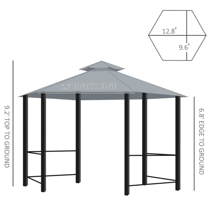 13' Hexagonal Gazebo Canopy Shelter, Tiered Fabric Roof, Rails, Curtains, Netting, Black & Grey