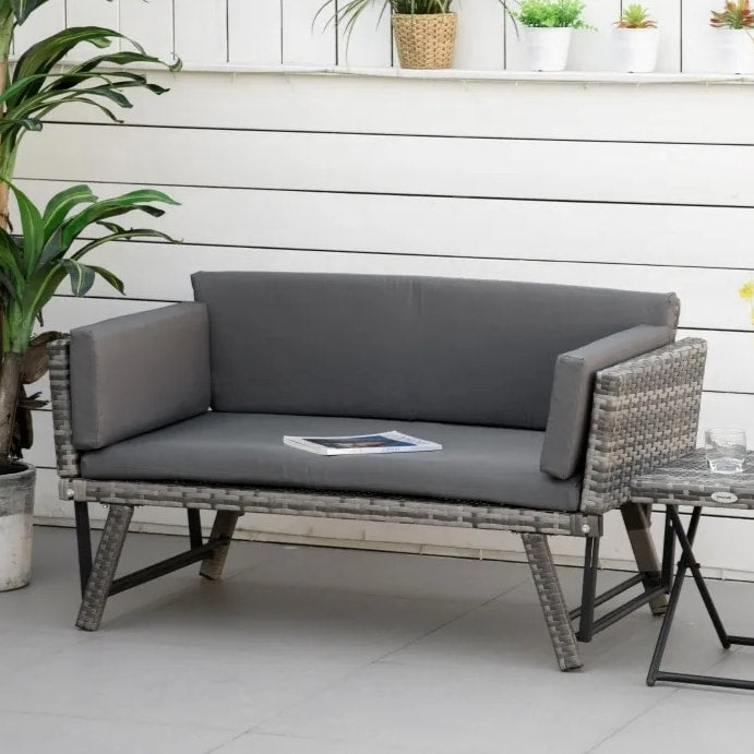 Convertible PE Rattan Wicker Chaise Lounger Loveseat Sofa Futon Bed Outdoor Patio Deck, Grey
