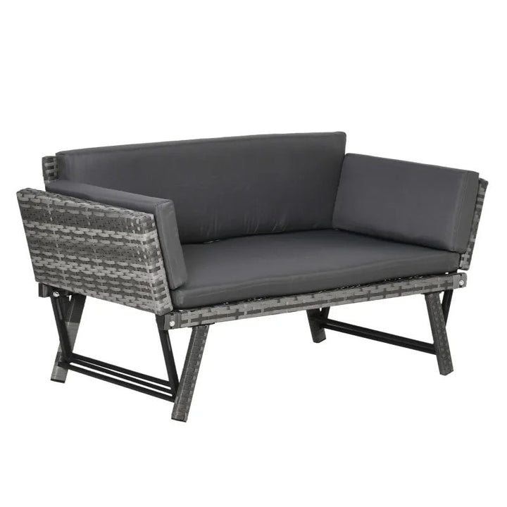 Convertible PE Rattan Wicker Chaise Lounger Loveseat Sofa Futon Bed Outdoor Patio Deck, Grey