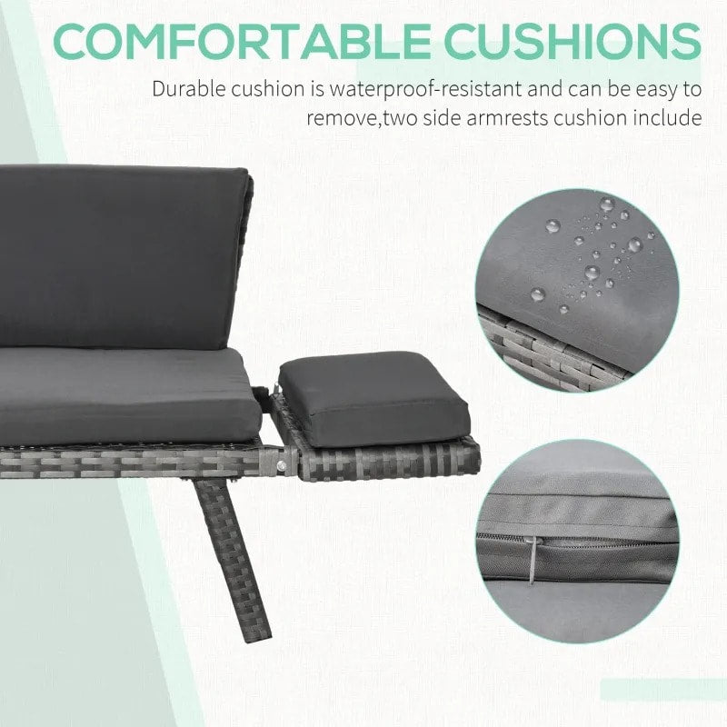 Convertible PE Rattan Wicker Chaise Lounger Loveseat Sofa Futon Bed Outdoor Patio Deck, Grey