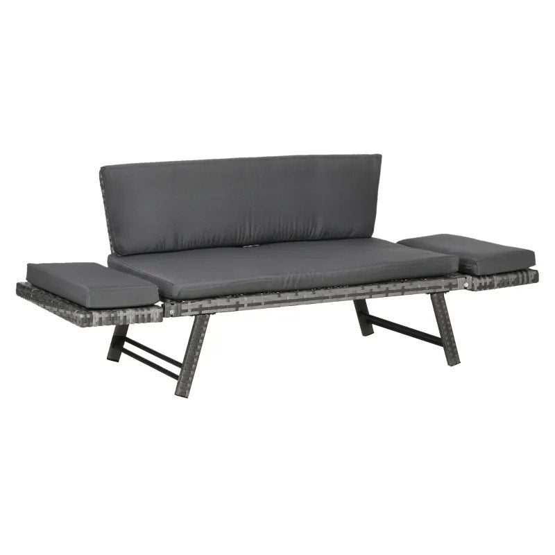 Convertible PE Rattan Wicker Chaise Lounger Loveseat Sofa Futon Bed Outdoor Patio Deck, Grey