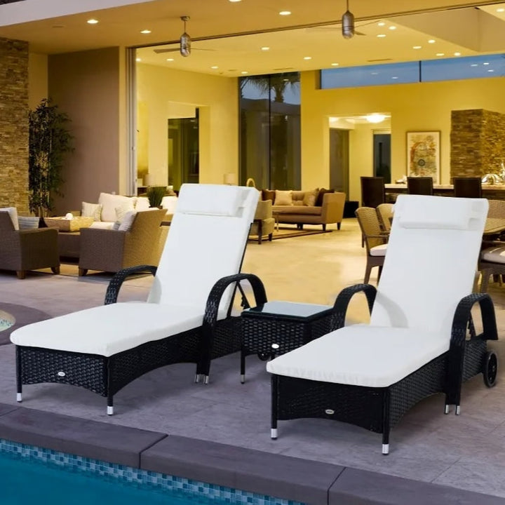 3pc PE Rattan Wicker Sun Lounger Recliner Patio Deck Chaise Set w/ Table, Wheels - Black, White
