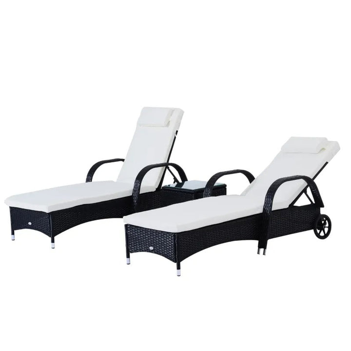 3pc PE Rattan Wicker Sun Lounger Recliner Patio Deck Chaise Set w/ Table, Wheels - Black, White