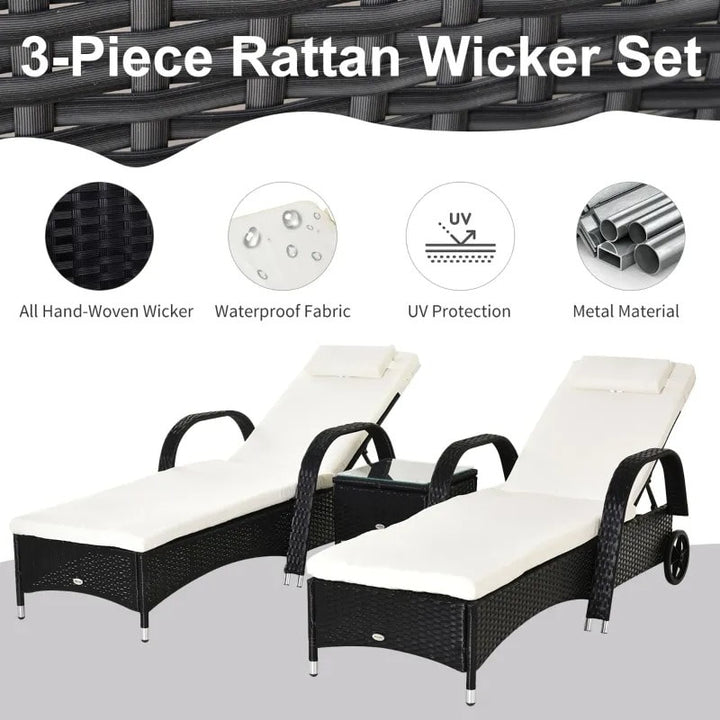3pc PE Rattan Wicker Sun Lounger Recliner Patio Deck Chaise Set w/ Table, Wheels - Black, White