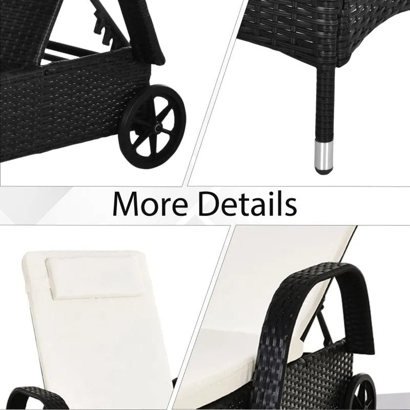 3pc PE Rattan Wicker Sun Lounger Recliner Patio Deck Chaise Set w/ Table, Wheels - Black, White