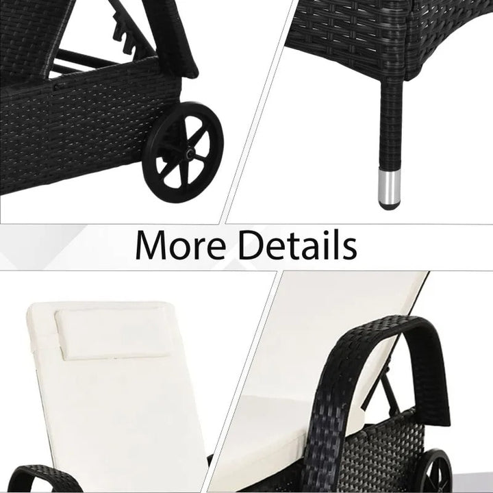 3pc PE Rattan Wicker Sun Lounger Recliner Patio Deck Chaise Set w/ Table, Wheels - Black, White