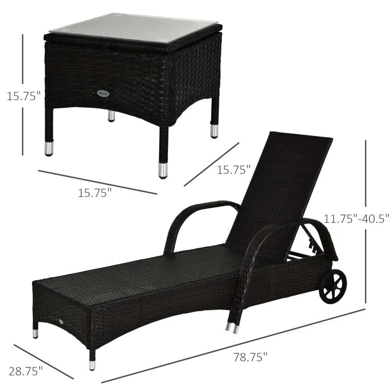 3pc PE Rattan Wicker Sun Lounger Recliner Patio Deck Chaise Set w/ Table, Wheels - Black, White