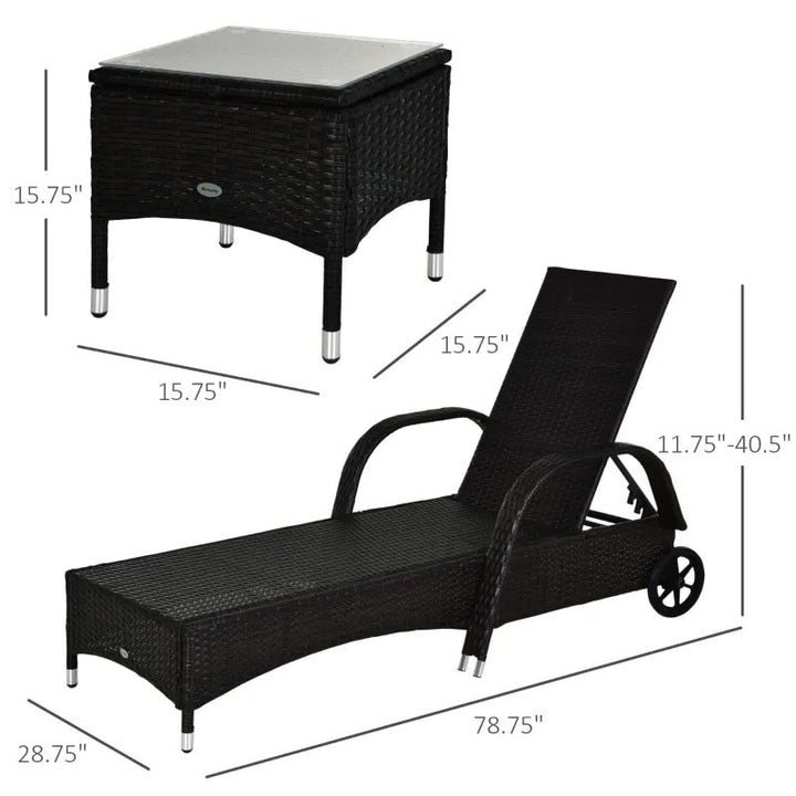 3pc PE Rattan Wicker Sun Lounger Recliner Patio Deck Chaise Set w/ Table, Wheels - Black, White