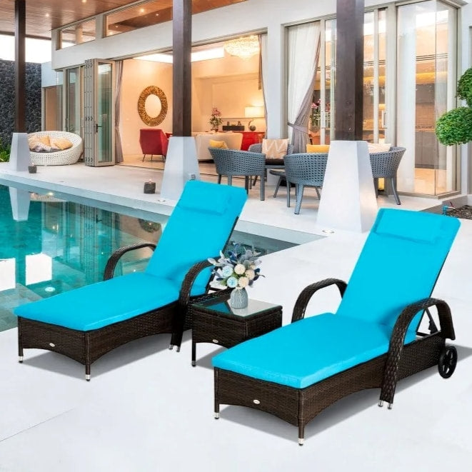 3pc Rattan Wicker Sun Lounger Recliner Patio Deck Chaise Set w Table, Wheels, Brown, Aqua Blue