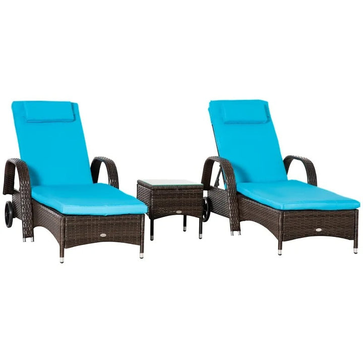 3pc Rattan Wicker Sun Lounger Recliner Patio Deck Chaise Set w Table, Wheels, Brown, Aqua Blue