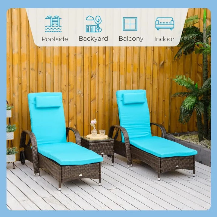 3pc Rattan Wicker Sun Lounger Recliner Patio Deck Chaise Set w Table, Wheels, Brown, Aqua Blue