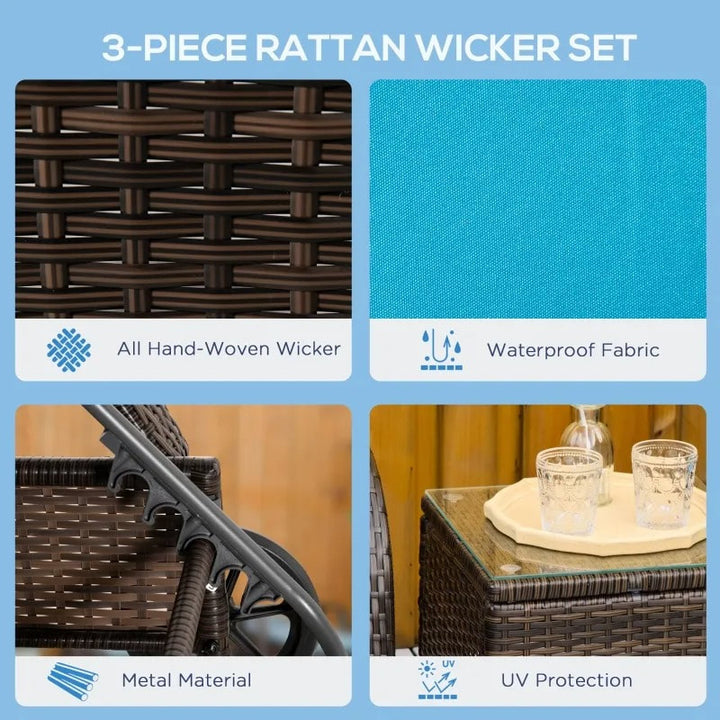 3pc Rattan Wicker Sun Lounger Recliner Patio Deck Chaise Set w Table, Wheels, Brown, Aqua Blue