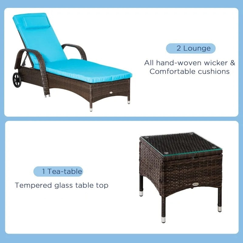 3pc Rattan Wicker Sun Lounger Recliner Patio Deck Chaise Set w Table, Wheels, Brown, Aqua Blue