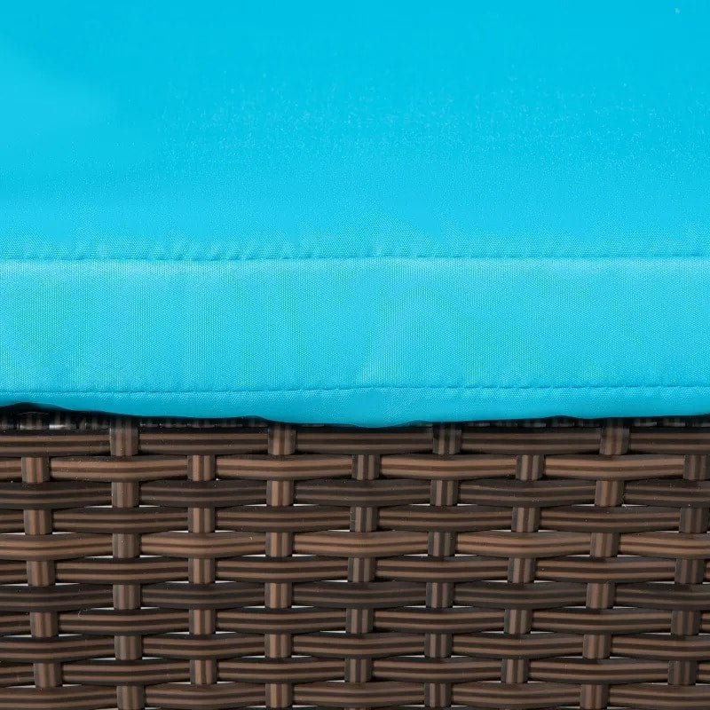 3pc Rattan Wicker Sun Lounger Recliner Patio Deck Chaise Set w Table, Wheels, Brown, Aqua Blue