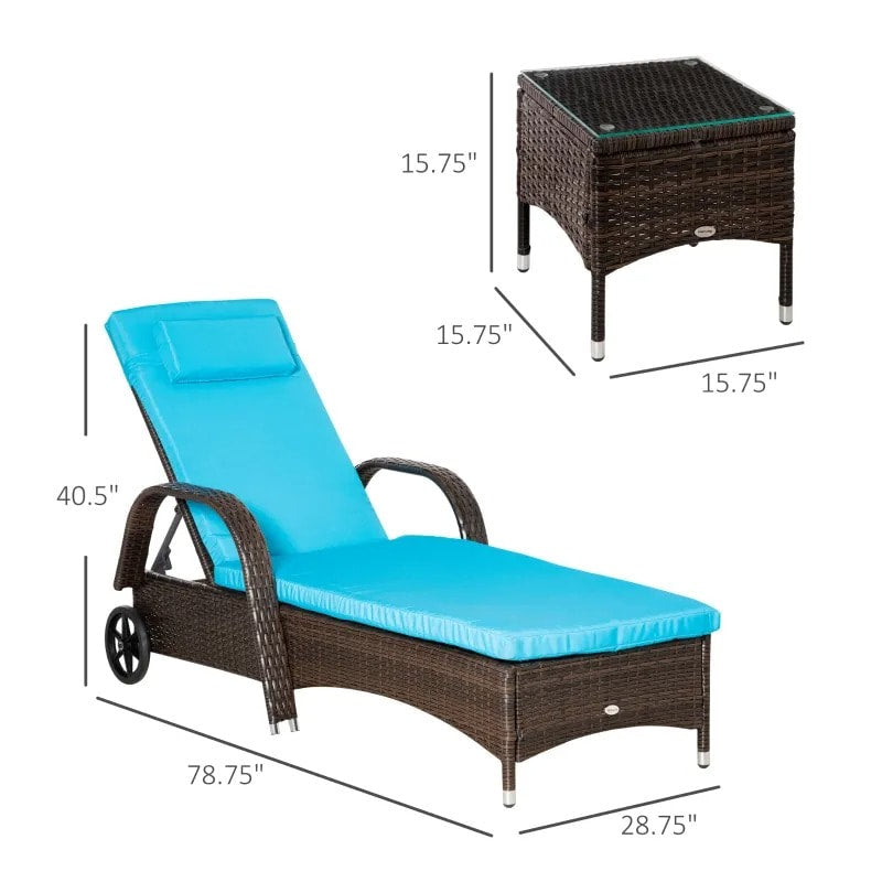 3pc Rattan Wicker Sun Lounger Recliner Patio Deck Chaise Set w Table, Wheels, Brown, Aqua Blue