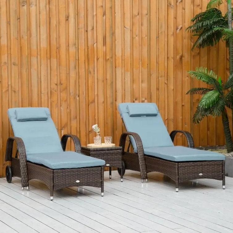 3pc PE Rattan Wicker Sun Lounger Recliner Patio Deck Chaise Set w Table, Wheels, Grey, Brown
