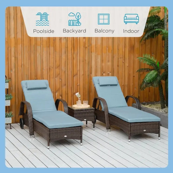3pc PE Rattan Wicker Sun Lounger Recliner Patio Deck Chaise Set w Table, Wheels, Grey, Brown