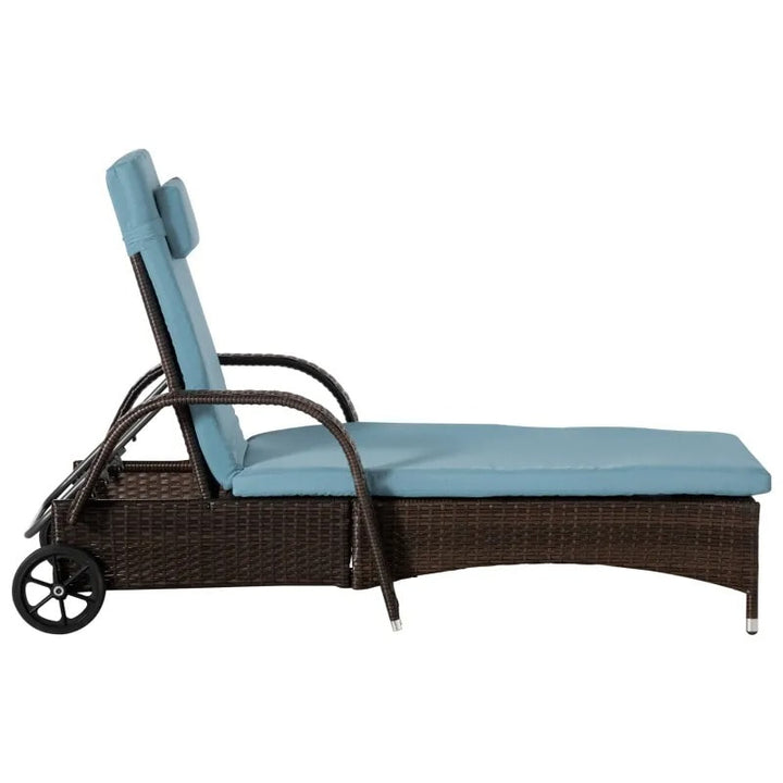 3pc PE Rattan Wicker Sun Lounger Recliner Patio Deck Chaise Set w Table, Wheels, Grey, Brown