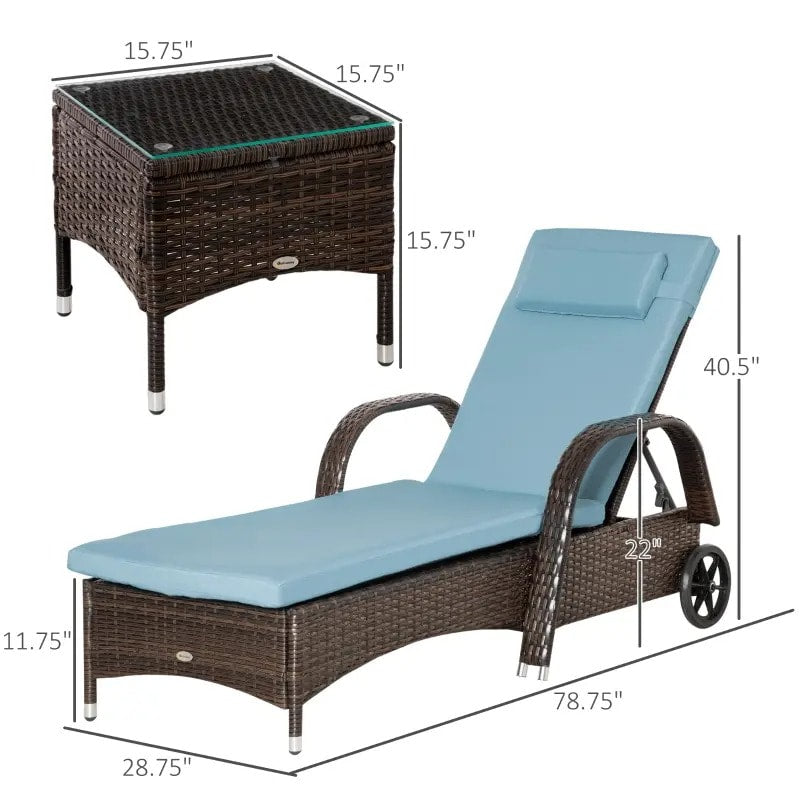 3pc PE Rattan Wicker Sun Lounger Recliner Patio Deck Chaise Set w Table, Wheels, Grey, Brown