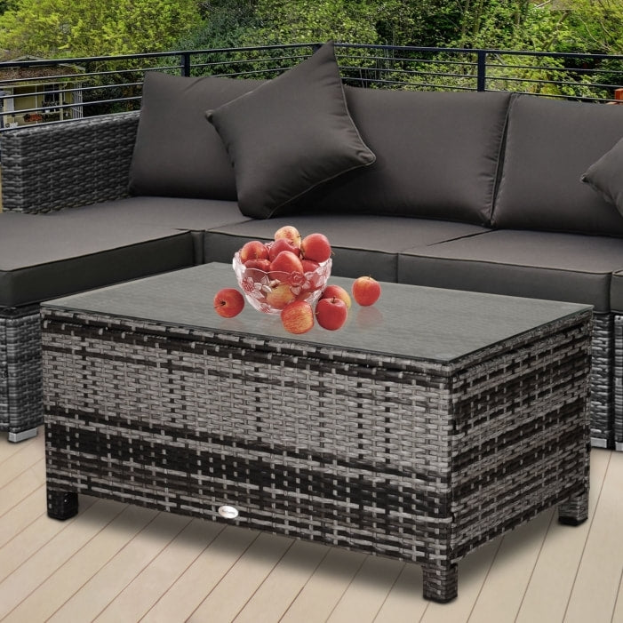 PE Rattan Wicker Coffee Side Table w Glass Top, Outdoor Dining Patio Deck Furniture, Mixed Grey