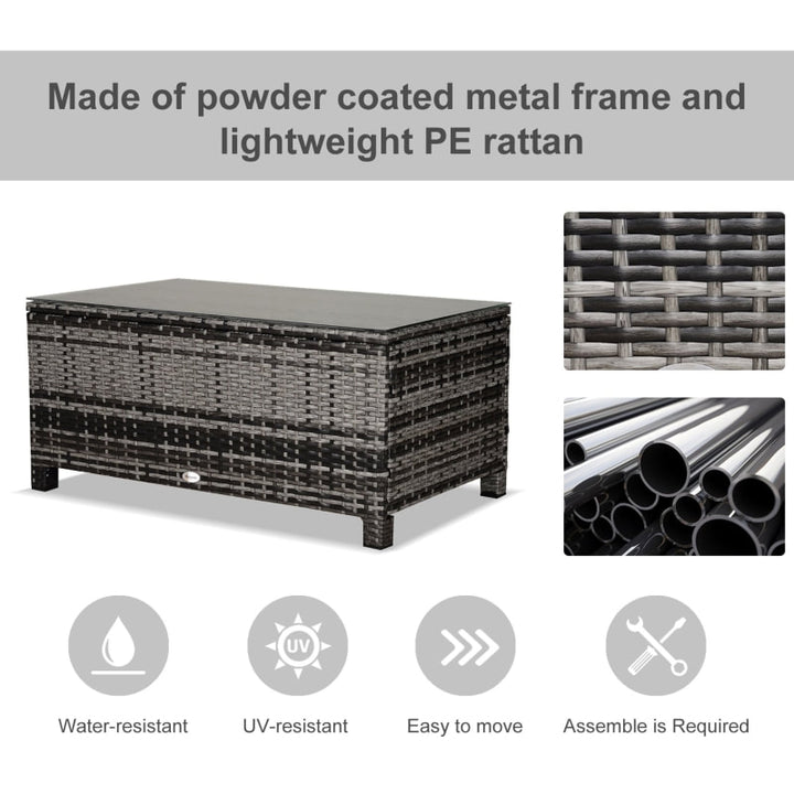 PE Rattan Wicker Coffee Side Table w Glass Top, Outdoor Dining Patio Deck Furniture, Mixed Grey