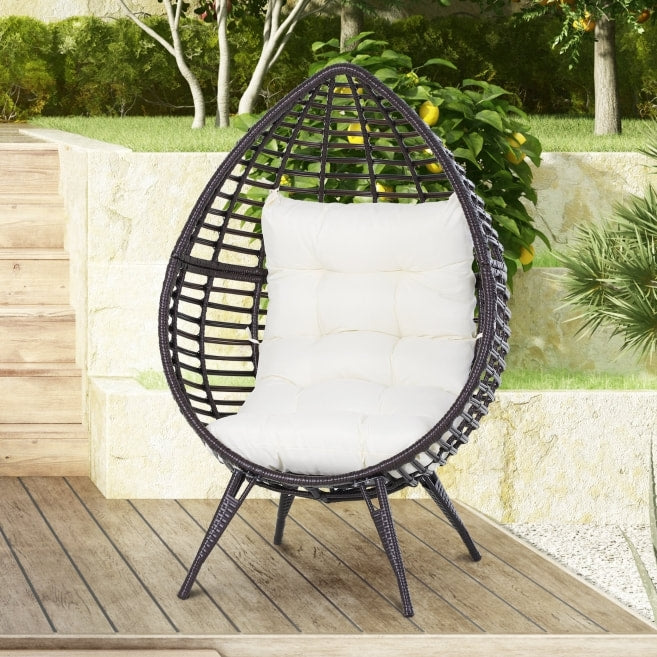 PE Rattan Wicker Indoor Outdoor Luxury Teardrop Egg Chair Patio Pool Deck - Brown, Cream White