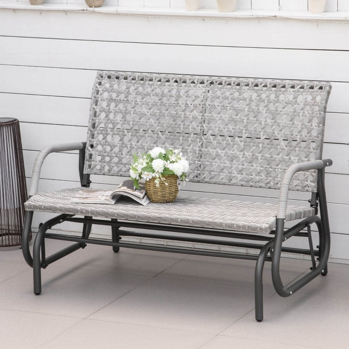 2 Seater PE Rattan Wicker Glider Porch Swing Rocking Bench Loveseat for Patio Deck Garden, Grey