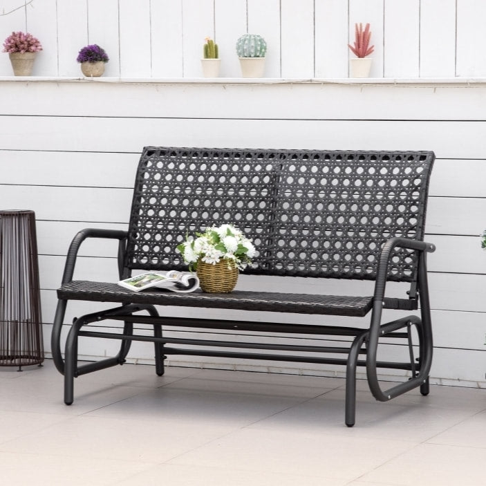 2 Seater PE Rattan Wicker Glider Porch Swing Rocking Bench Loveseat, Patio Deck Garden, Black