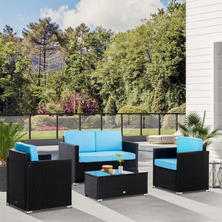 4pc Premium PE Rattan Wicker Galv Steel Conversation Set w Cushions, Outdoor Patio, Black, Blue