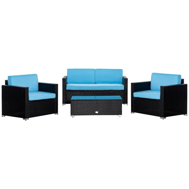 4pc Premium PE Rattan Wicker Galv Steel Conversation Set w Cushions, Outdoor Patio, Black, Blue