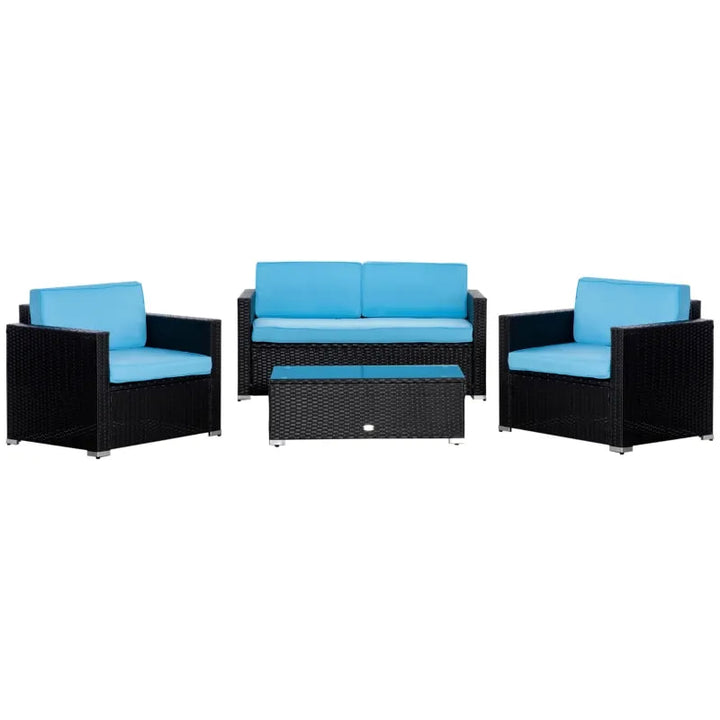 4pc Premium PE Rattan Wicker Galv Steel Conversation Set w Cushions, Outdoor Patio, Black, Blue