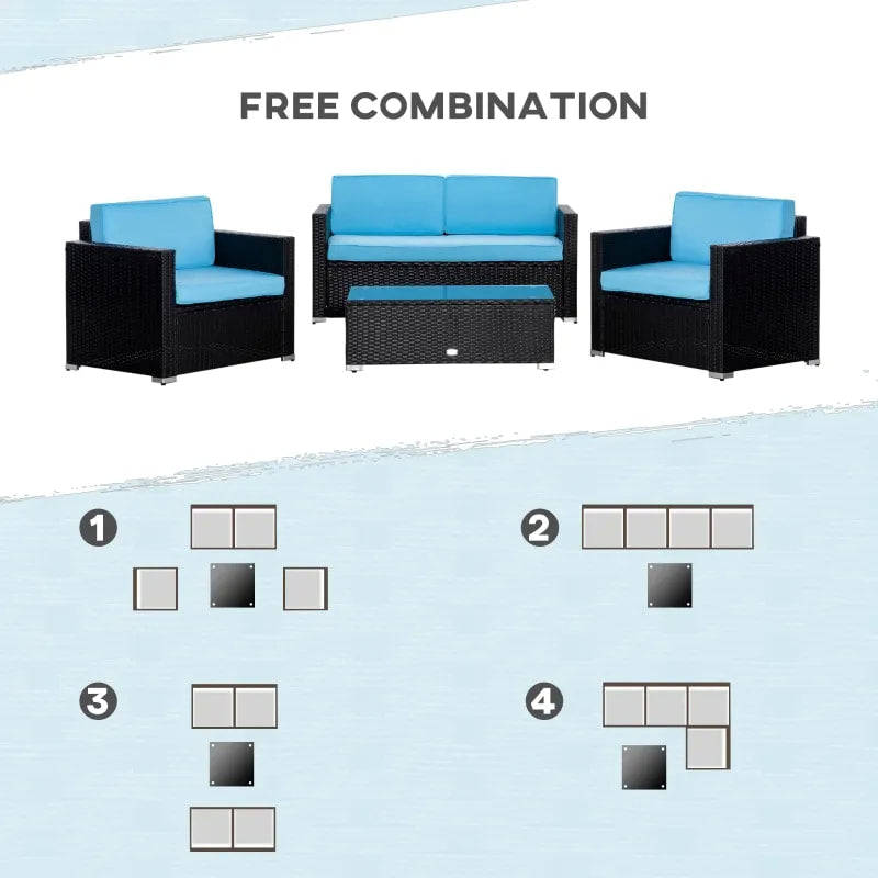 4pc Premium PE Rattan Wicker Galv Steel Conversation Set w Cushions, Outdoor Patio, Black, Blue