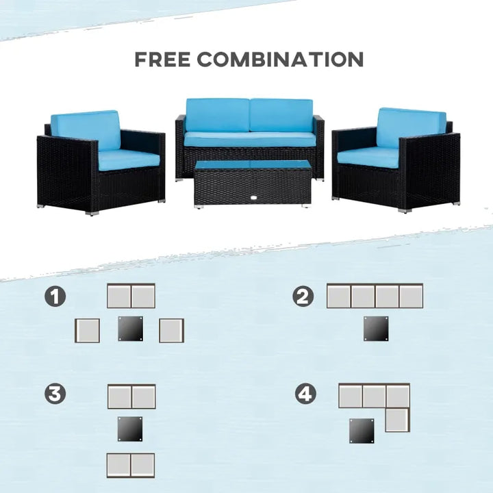 4pc Premium PE Rattan Wicker Galv Steel Conversation Set w Cushions, Outdoor Patio, Black, Blue