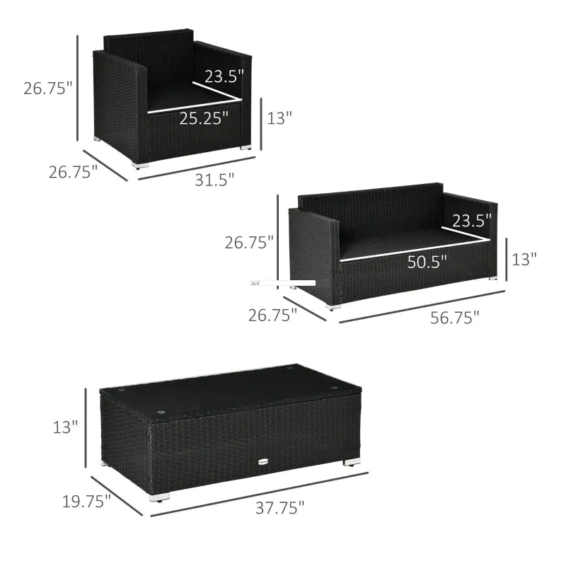 4pc Premium PE Rattan Wicker Galv Steel Conversation Set w Cushions, Outdoor Patio, Black, Blue