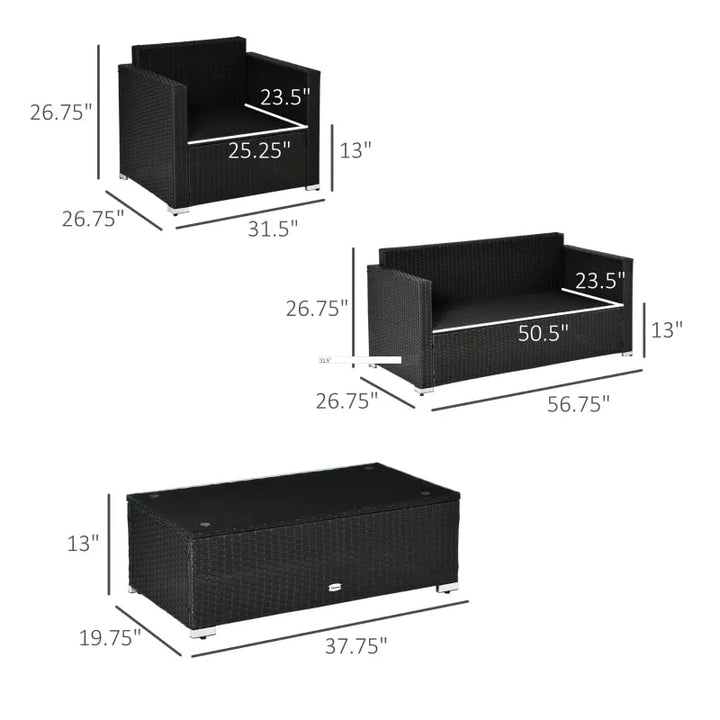 4pc Premium PE Rattan Wicker Galv Steel Conversation Set w Cushions, Outdoor Patio, Black, Blue