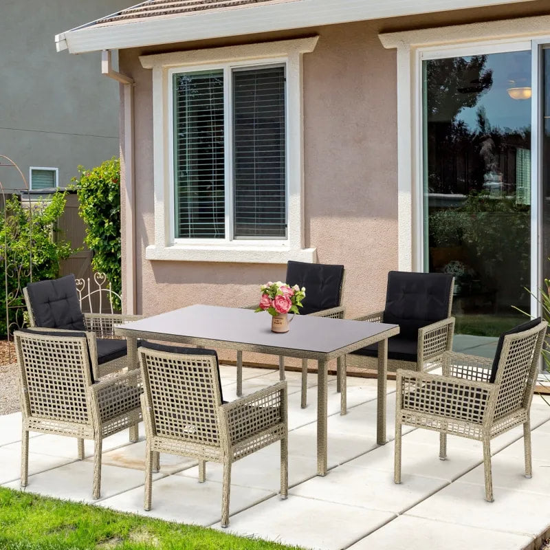 7pc Premium PE Rattan Wicker Outdoor Patio Dining Table w 6 Armchairs, Cushions - Black & Tan
