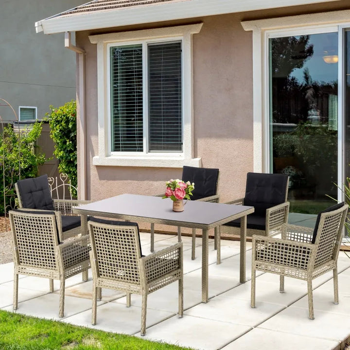 7pc Premium PE Rattan Wicker Outdoor Patio Dining Table w 6 Armchairs, Cushions - Black & Tan