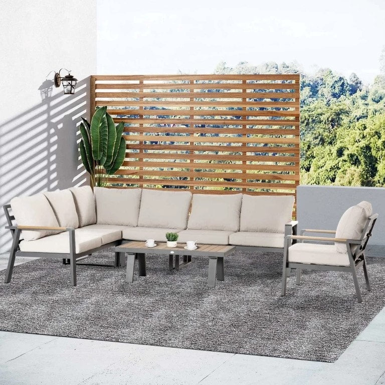 6pc, 7-Seat Luxury Aluminum L-Shape Sectional Conversation Set w Teak Table Outdoor Patio Cream