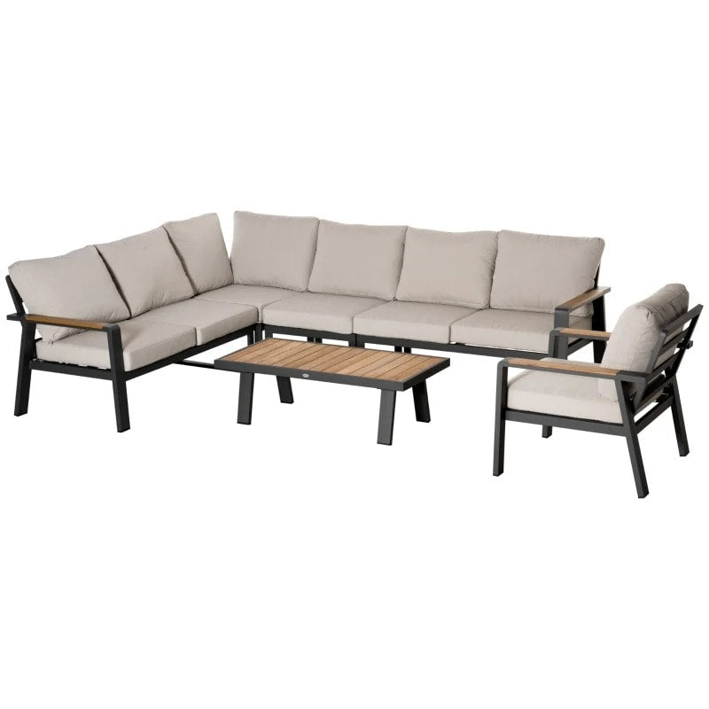 6pc, 7-Seat Luxury Aluminum L-Shape Sectional Conversation Set w Teak Table Outdoor Patio Cream