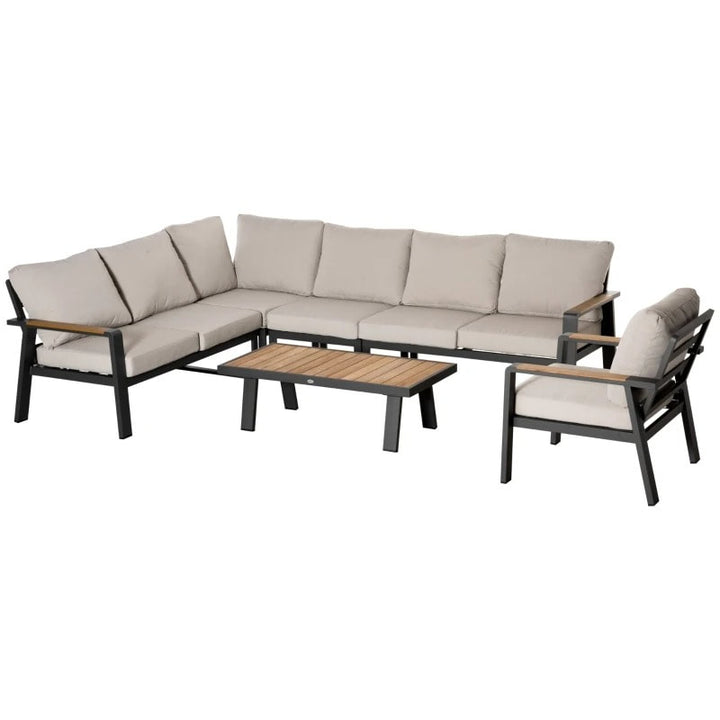 6pc, 7-Seat Luxury Aluminum L-Shape Sectional Conversation Set w Teak Table Outdoor Patio Cream