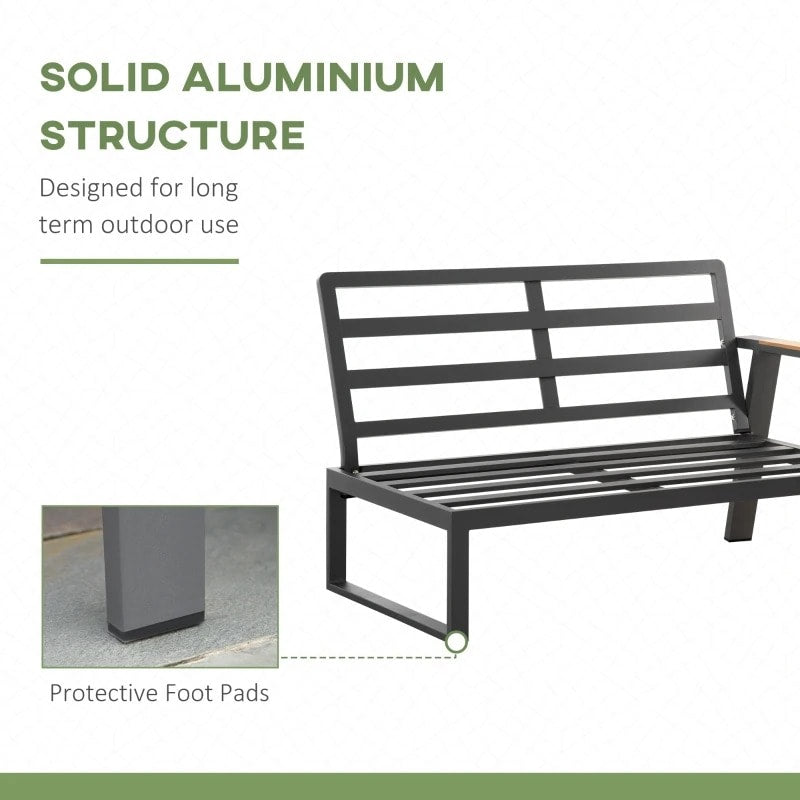 6pc, 7-Seat Luxury Aluminum L-Shape Sectional Conversation Set w Teak Table Outdoor Patio Cream