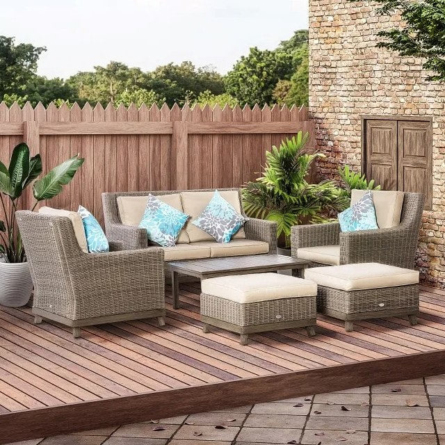 6pc Luxury PE Rattan Wicker Aluminum Conversation Loveseat Set w Footstools Outdoor Patio Beige