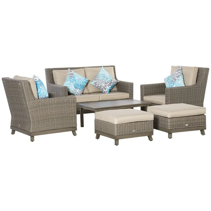 6pc Luxury PE Rattan Wicker Aluminum Conversation Loveseat Set w Footstools Outdoor Patio Beige