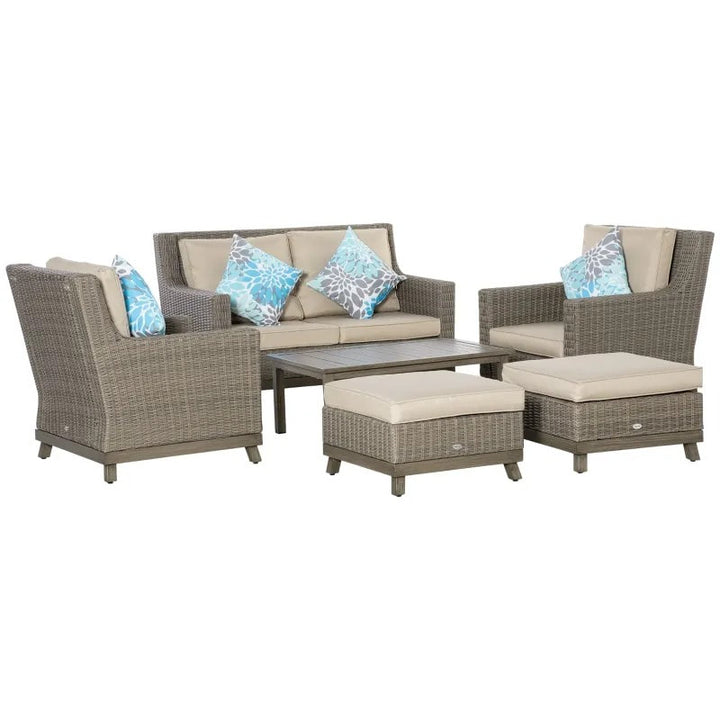 6pc Luxury PE Rattan Wicker Aluminum Conversation Loveseat Set w Footstools Outdoor Patio Beige