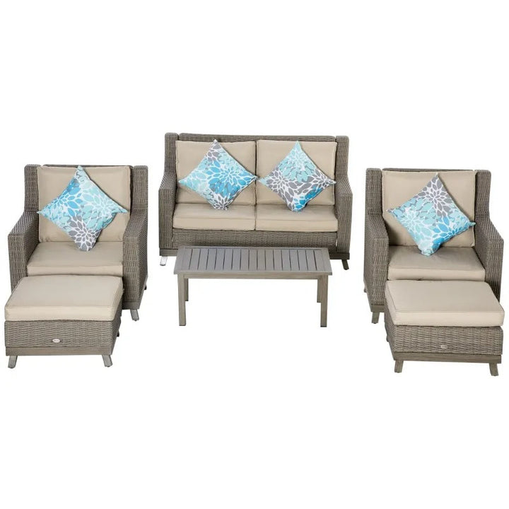 6pc Luxury PE Rattan Wicker Aluminum Conversation Loveseat Set w Footstools Outdoor Patio Beige
