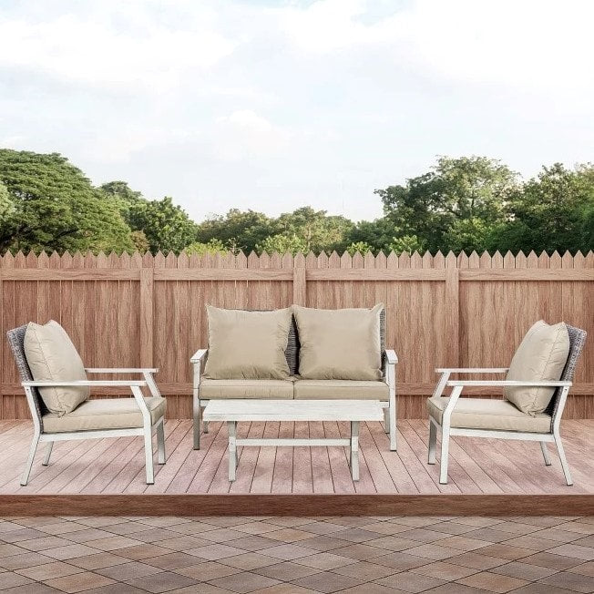 4pc Luxury PE Rattan Wicker Aluminum Conversation Loveseat Set w Cushions, Outdoor Patio, Beige