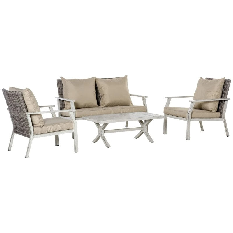 4pc Luxury PE Rattan Wicker Aluminum Conversation Loveseat Set w Cushions, Outdoor Patio, Beige