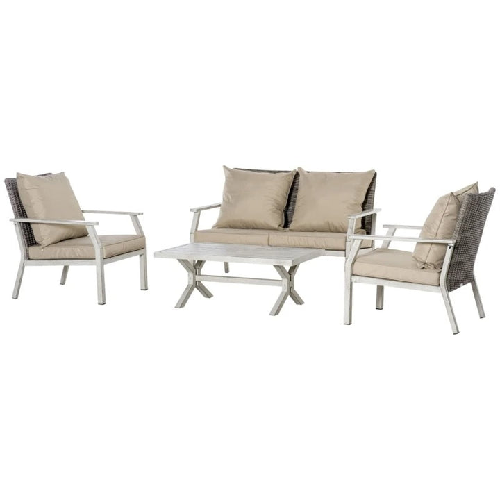 4pc Luxury PE Rattan Wicker Aluminum Conversation Loveseat Set w Cushions, Outdoor Patio, Beige