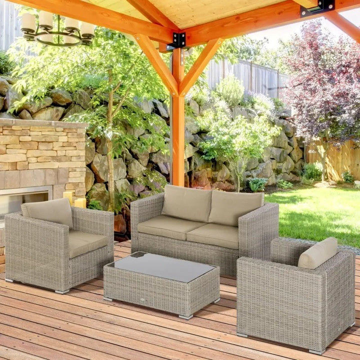 4pc PE Rattan Wicker Conversation Loveseat Furniture w Cushions, Outdoor Patio - Khaki, Beige